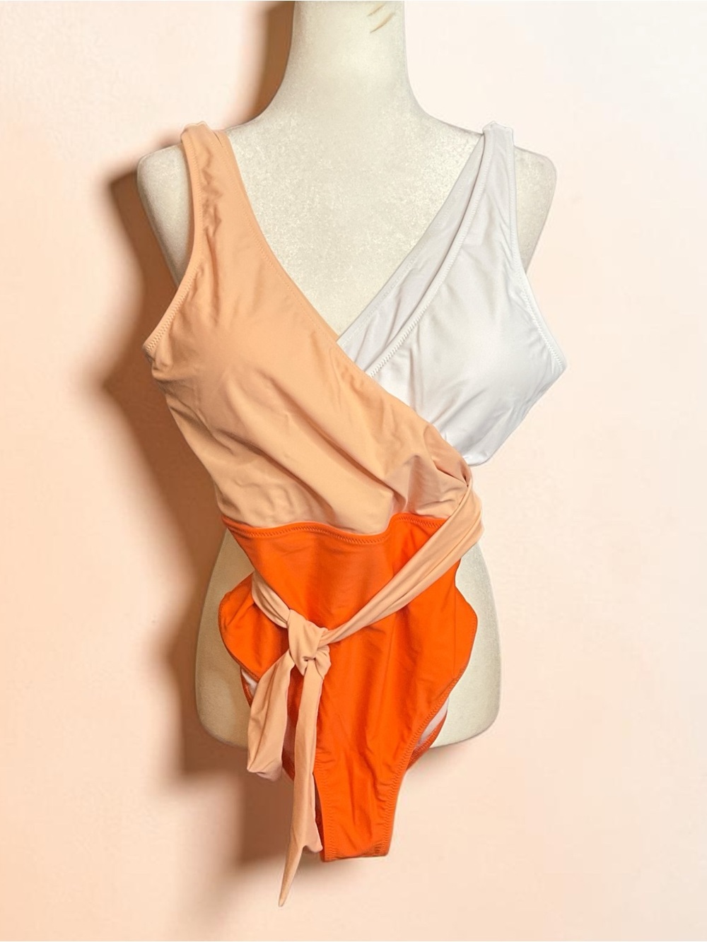 Cupshe Colorblock Wrap One-Piece Swimsuit in White, Peach & Orange, size M